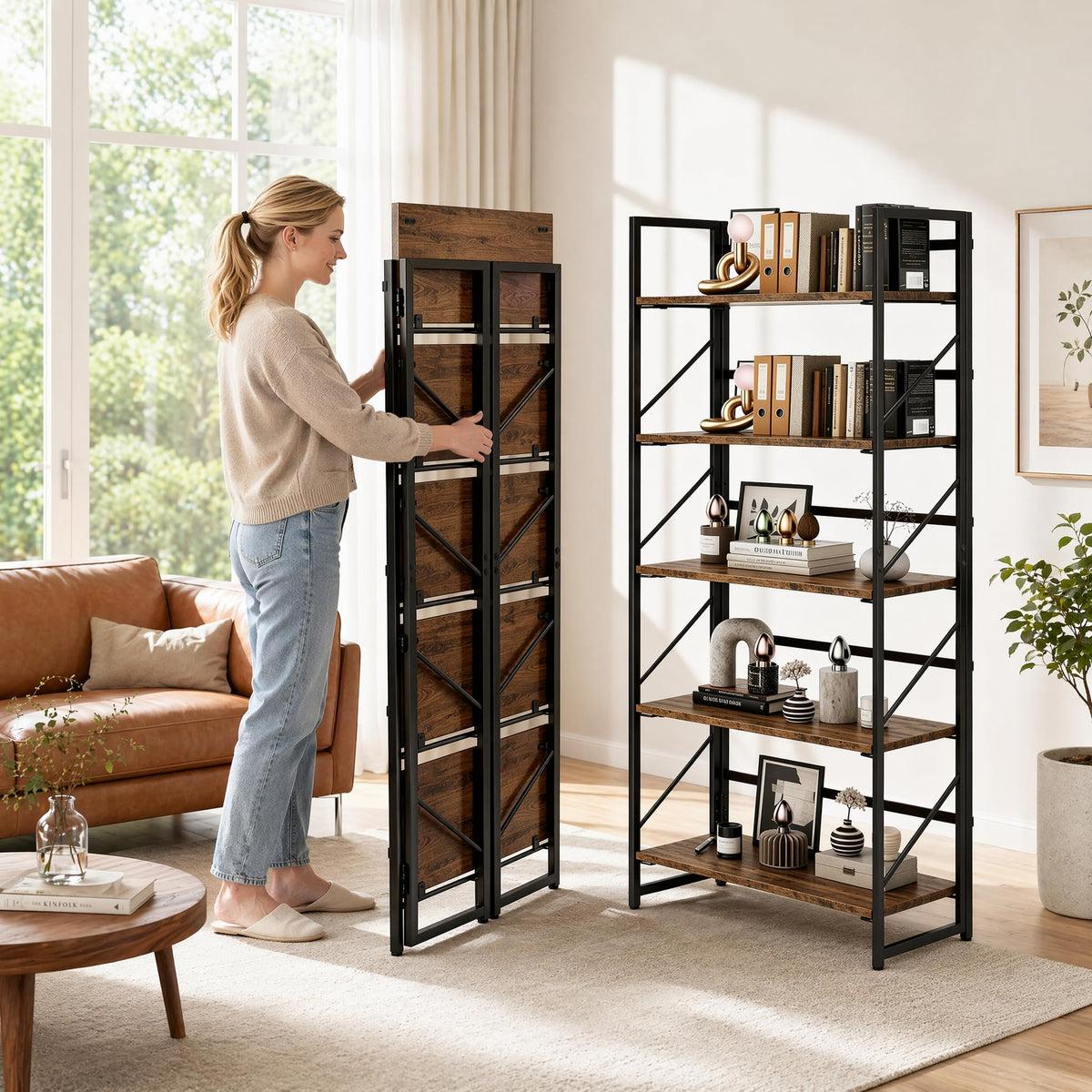 5-Tier Rustic Brown Folding Bookshelf U1134