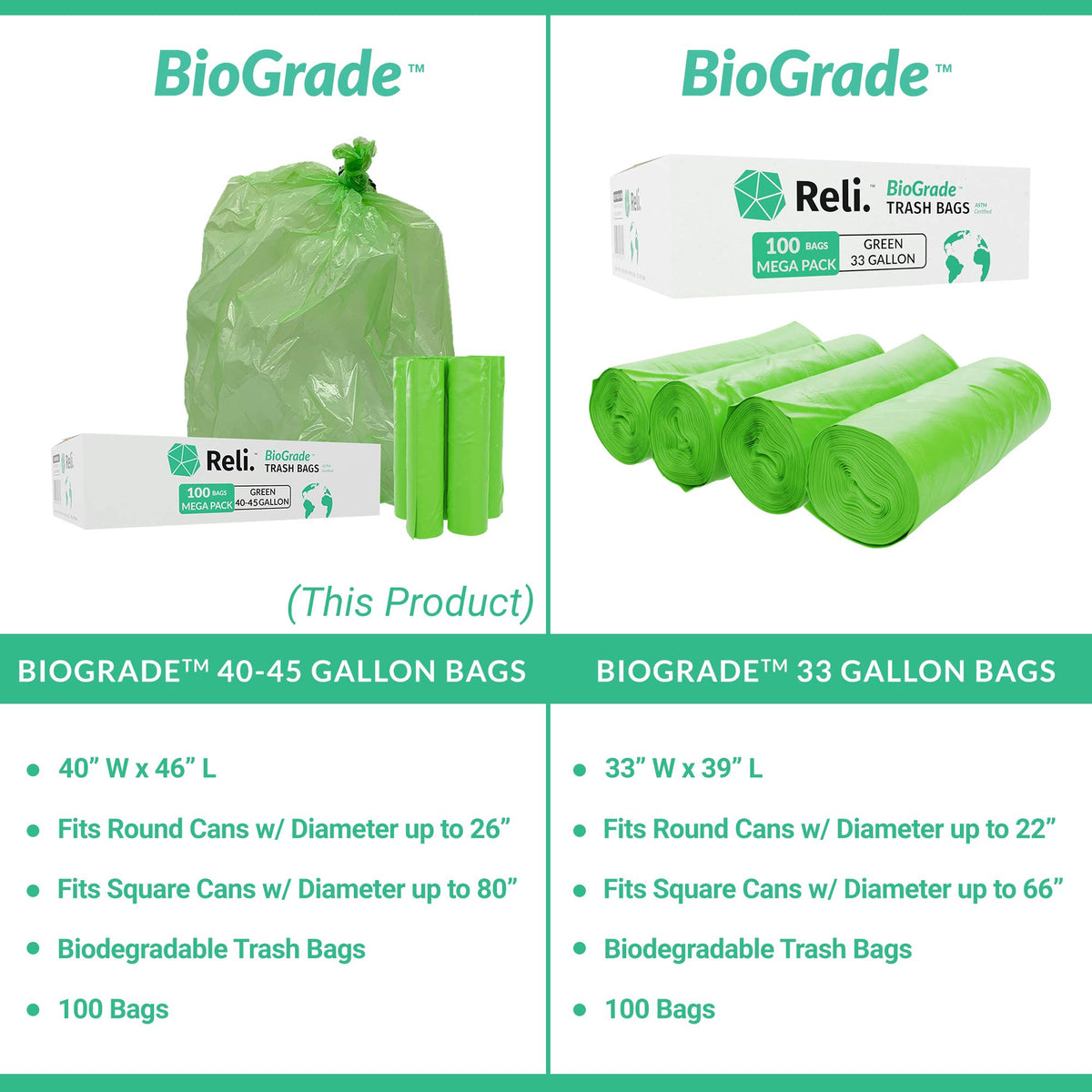 Biodegradable 40-45 Gallon Trash Bags 100 Count V66076