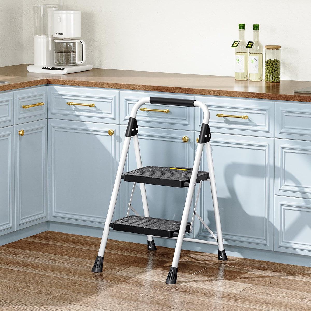 2 Step White Folding Ladder with Anti-Slip Pedals M566643