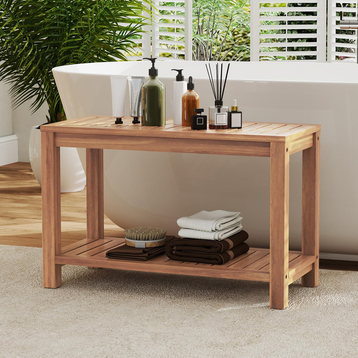Teak Shower Bench with Shelf J972820