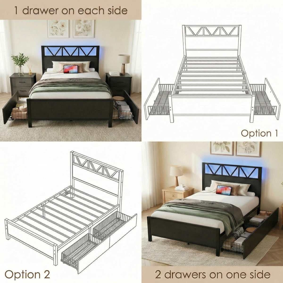 Twin XL Bed Frame with 2 Storage Drawers H381