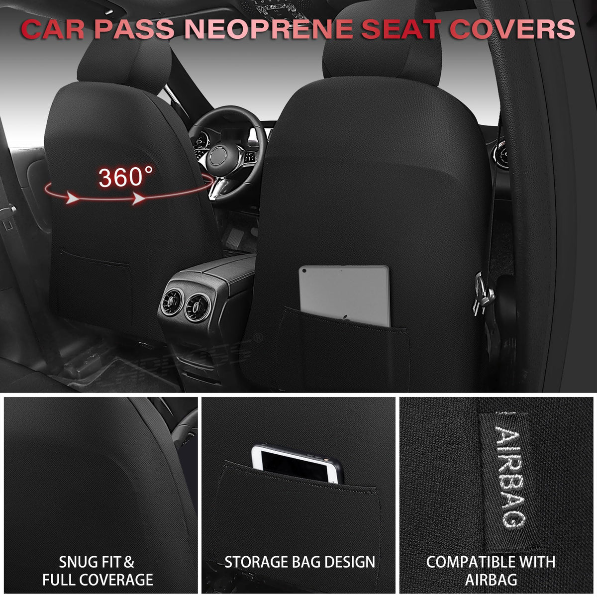 Waterproof Neoprene Car Seat Covers Full Set 5 Seats Black Red T91007