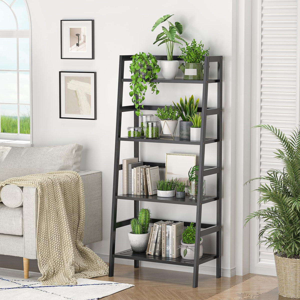 Black 4-Tier Bamboo Ladder Shelf C99186