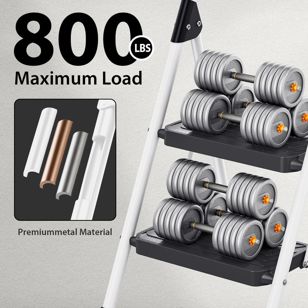 2 Step White Folding Ladder with Anti-Slip Pedals M566643