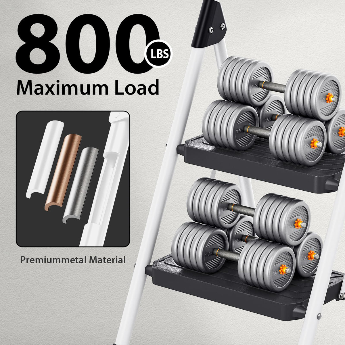 2 Step White Folding Ladder with Anti-Slip Pedals M566643