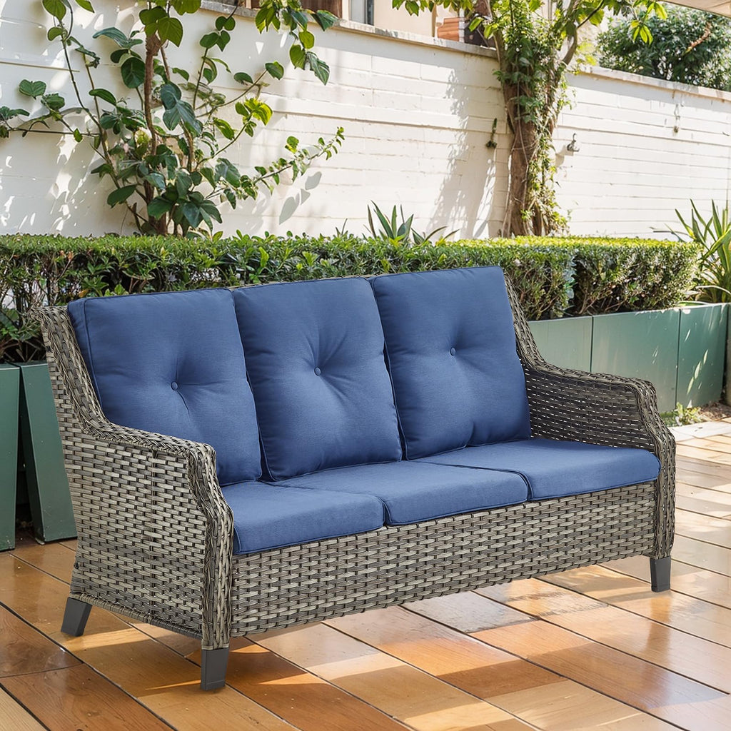 Grey Wicker 3pcs Patio Furniture Set with Blue Cushions Z663943