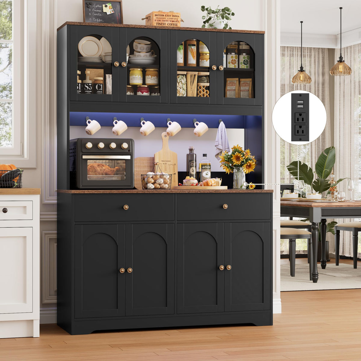 71" Black Kitchen Pantry Cabinet with Power Outlet O483628