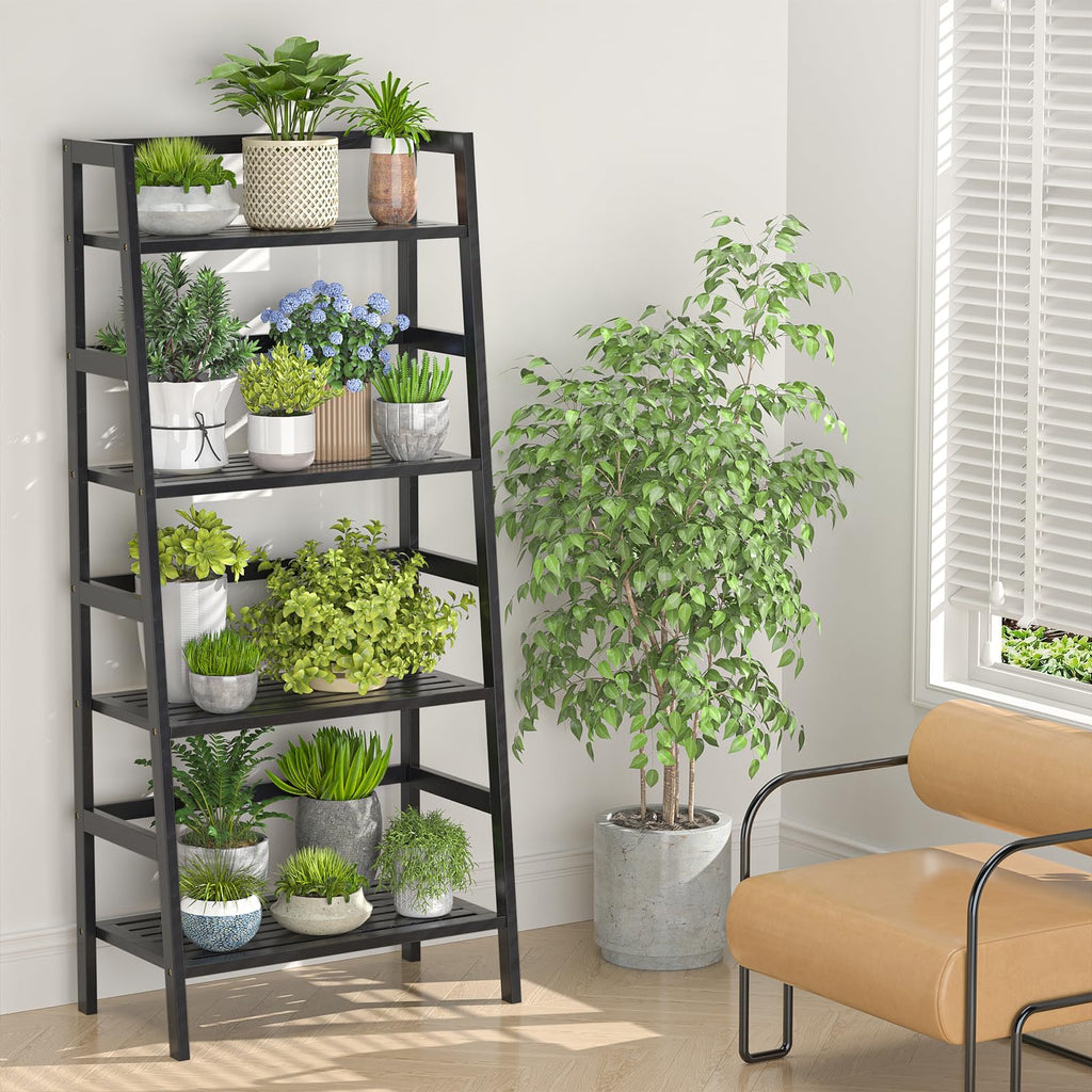 Black 4-Tier Bamboo Ladder Shelf C99186