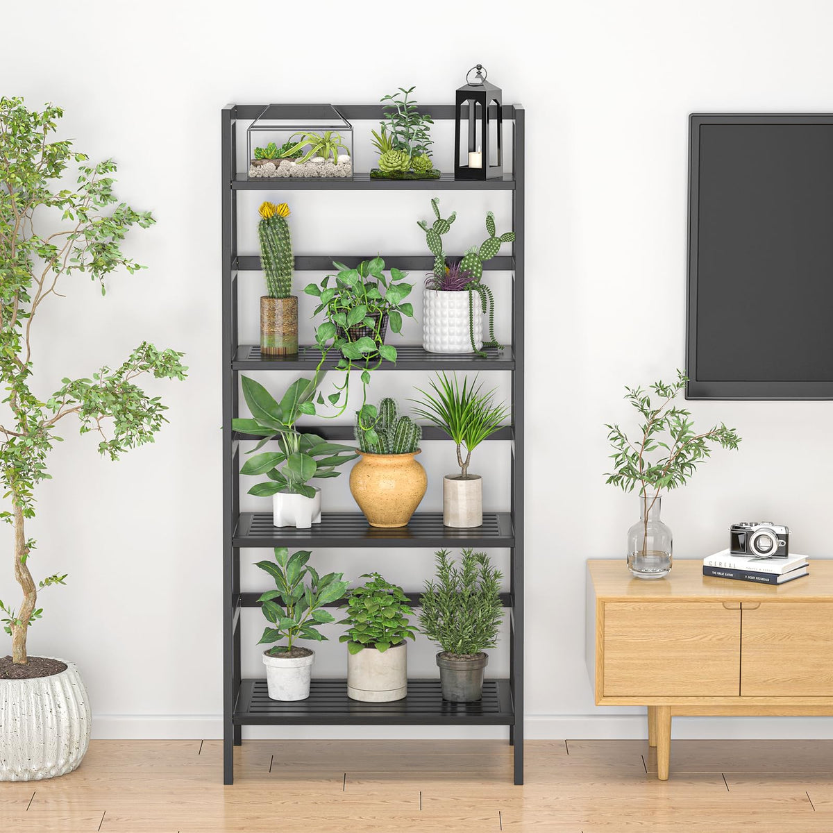 Black 4-Tier Bamboo Ladder Shelf C99186