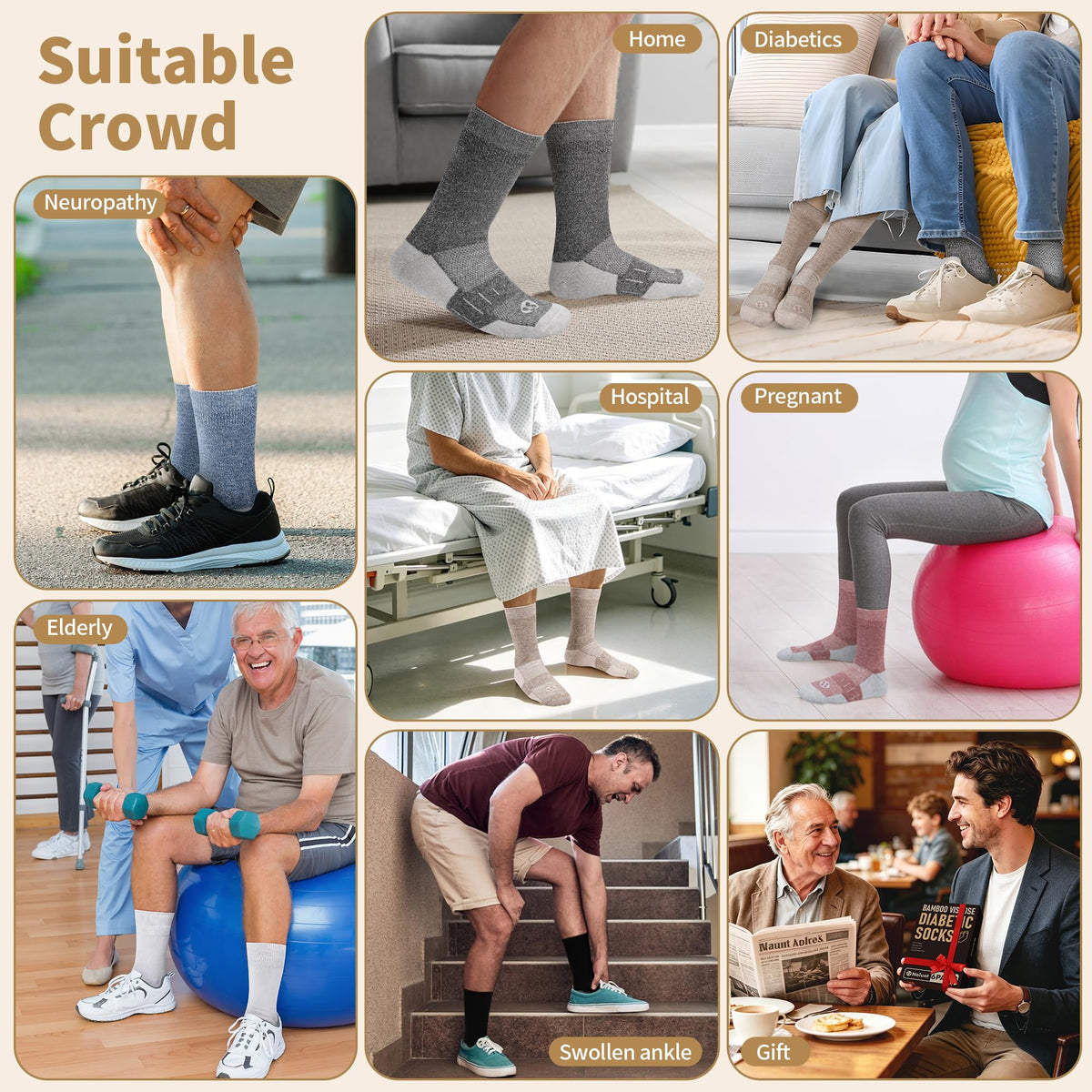 6 Pairs Crew Diabetic Socks D33992