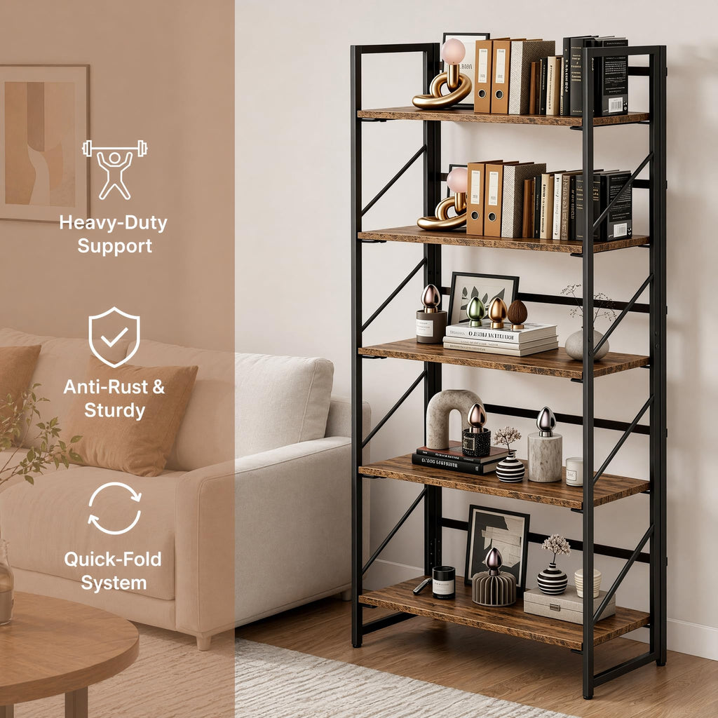 5-Tier Rustic Brown Folding Bookshelf U1134