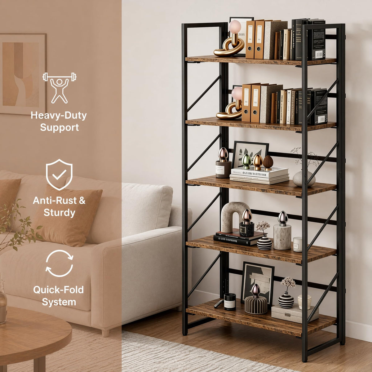 5-Tier Rustic Brown Folding Bookshelf U1134