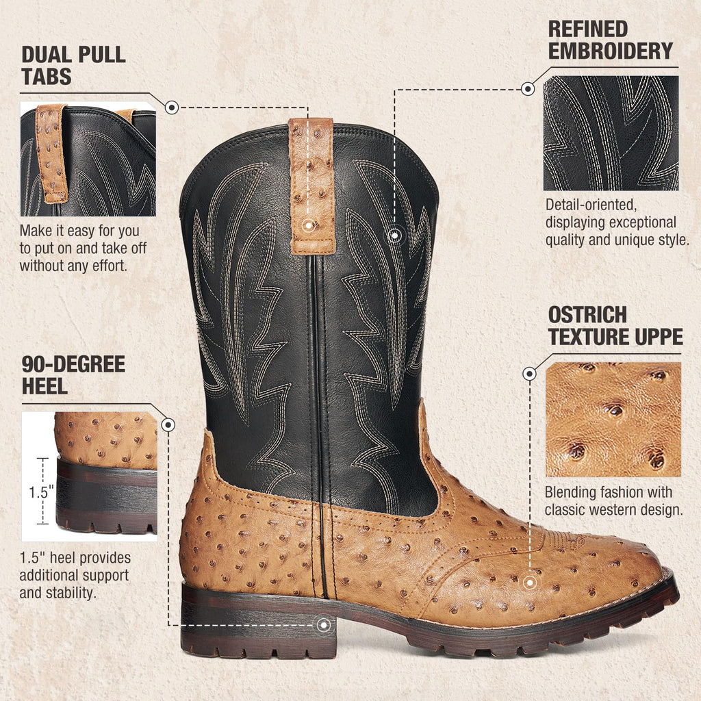 Men's Western Cowboy Boots Square Toe Mid-Calf Boots U995