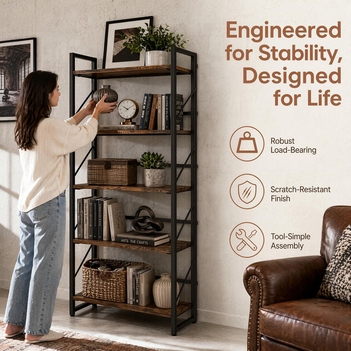 5-Tier Rustic Brown Folding Bookshelf U1134
