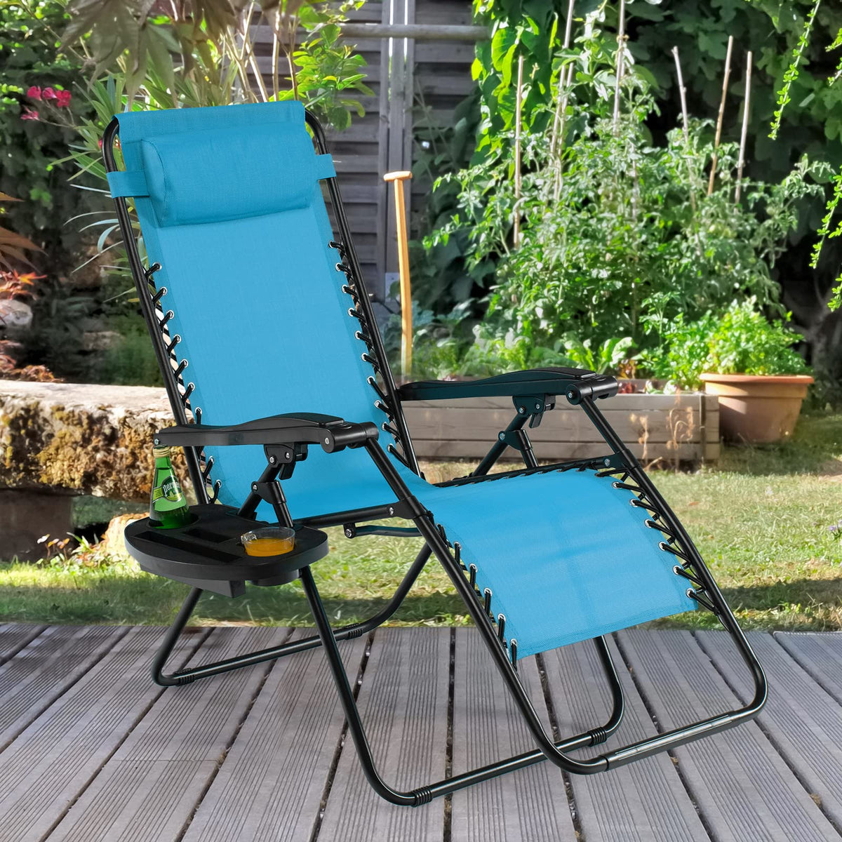 Blue Folding Reclining Lounge Chair with Side Tray Z23944