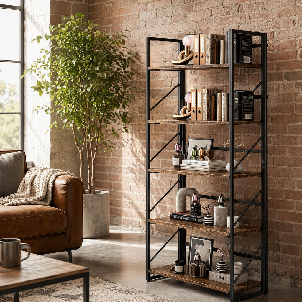 5-Tier Rustic Brown Folding Bookshelf U1134