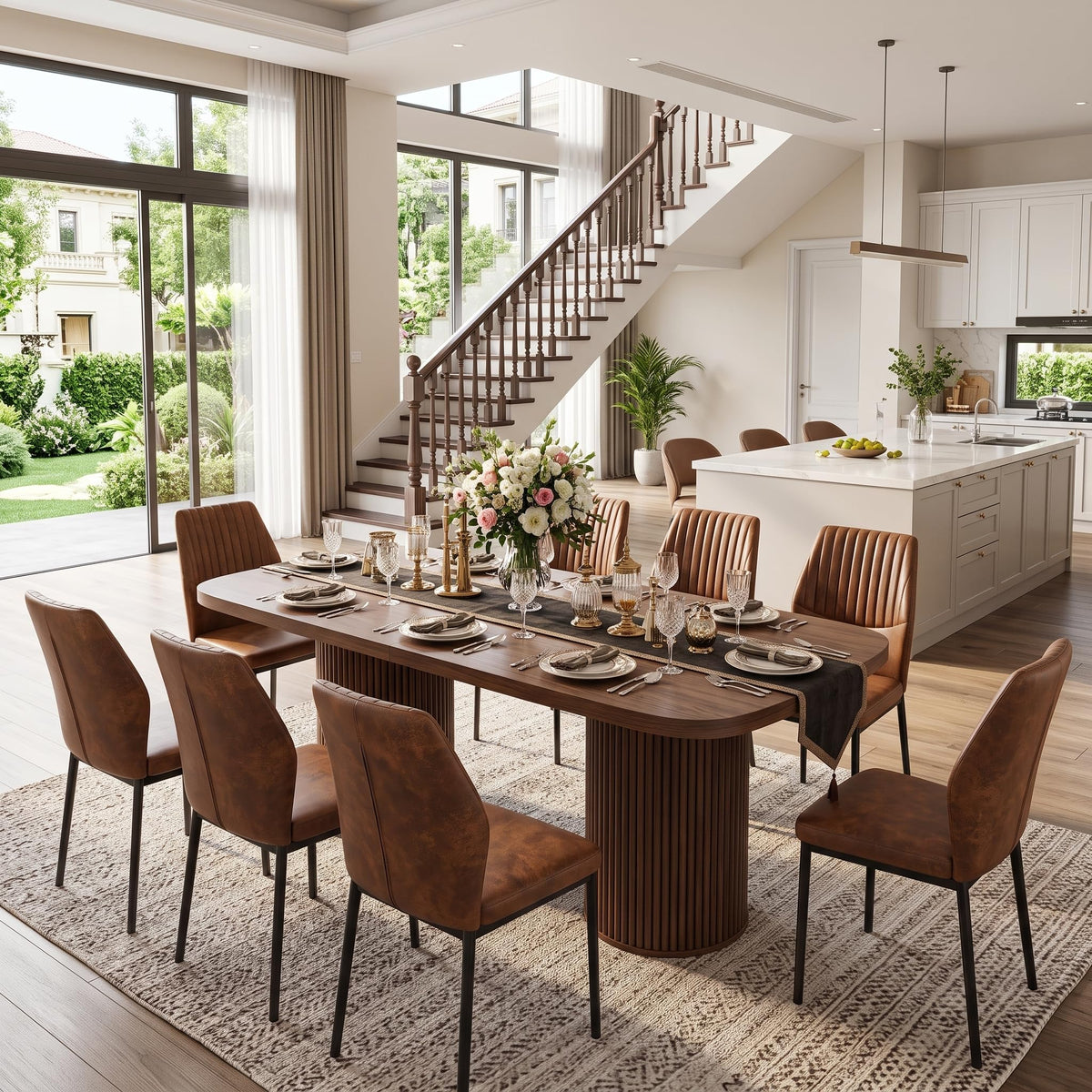 79" Rectangular Wood Dining Table Set for 8 with Cushioned Chairs W385450