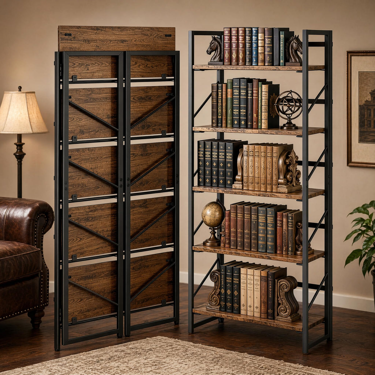5-Tier Rustic Brown Folding Bookshelf U1134